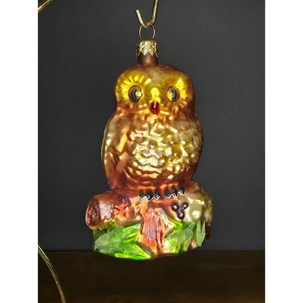 Vintage Christopher Radko Glass Christmas Ornament Owl on Log Leaves Berries 4"